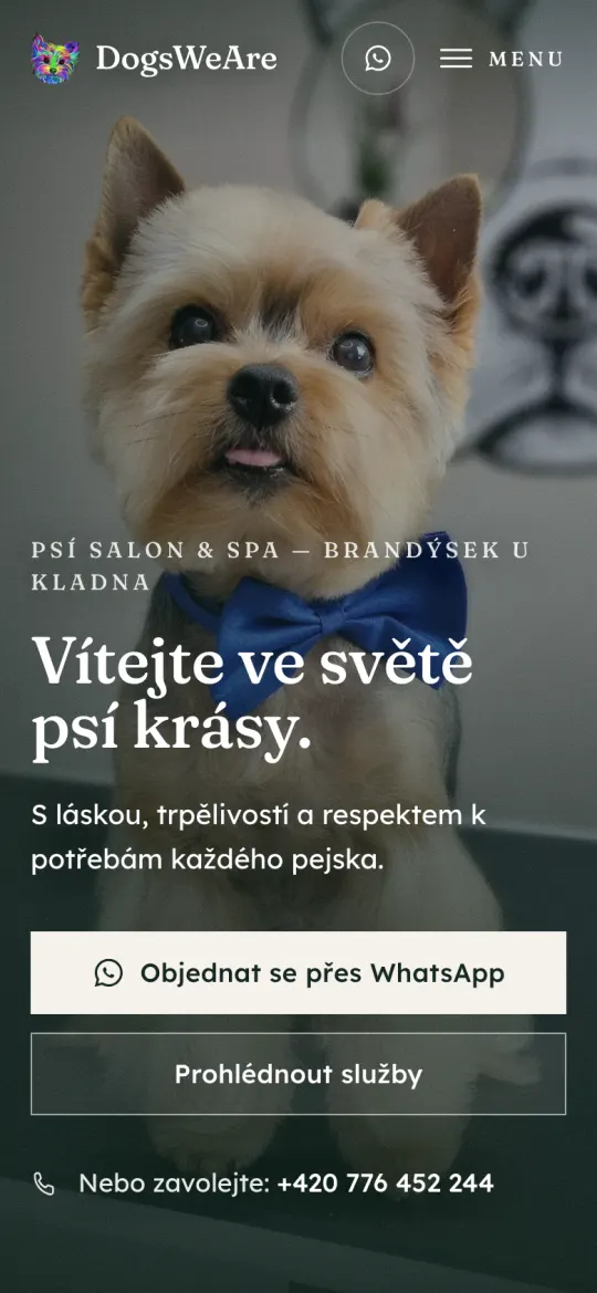 The Dogs we are website on a phone, with one-tap WhatsApp booking and the salon's phone number.